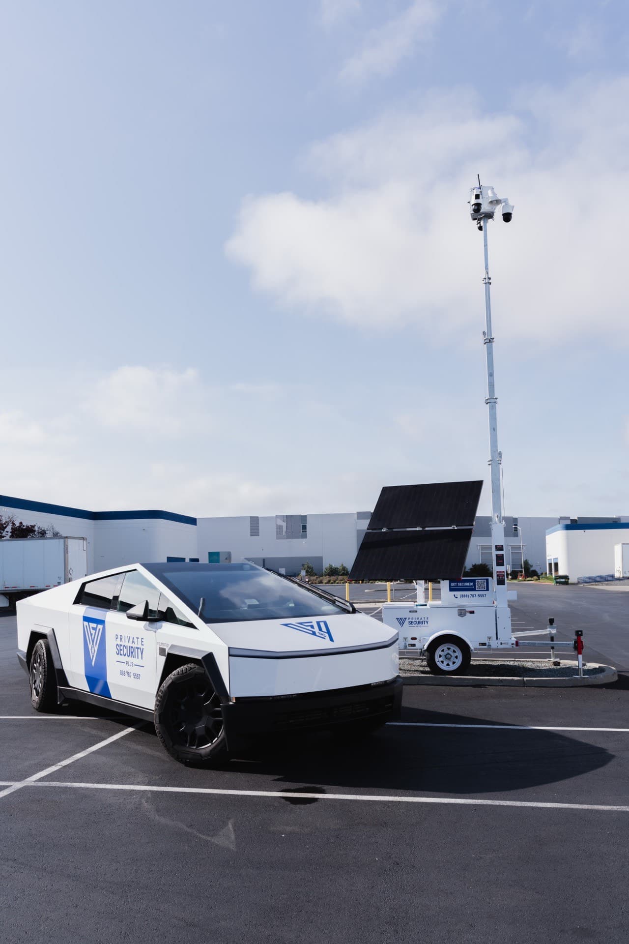 PSP Cybertruck and AI camera tower deployed at an industrial site