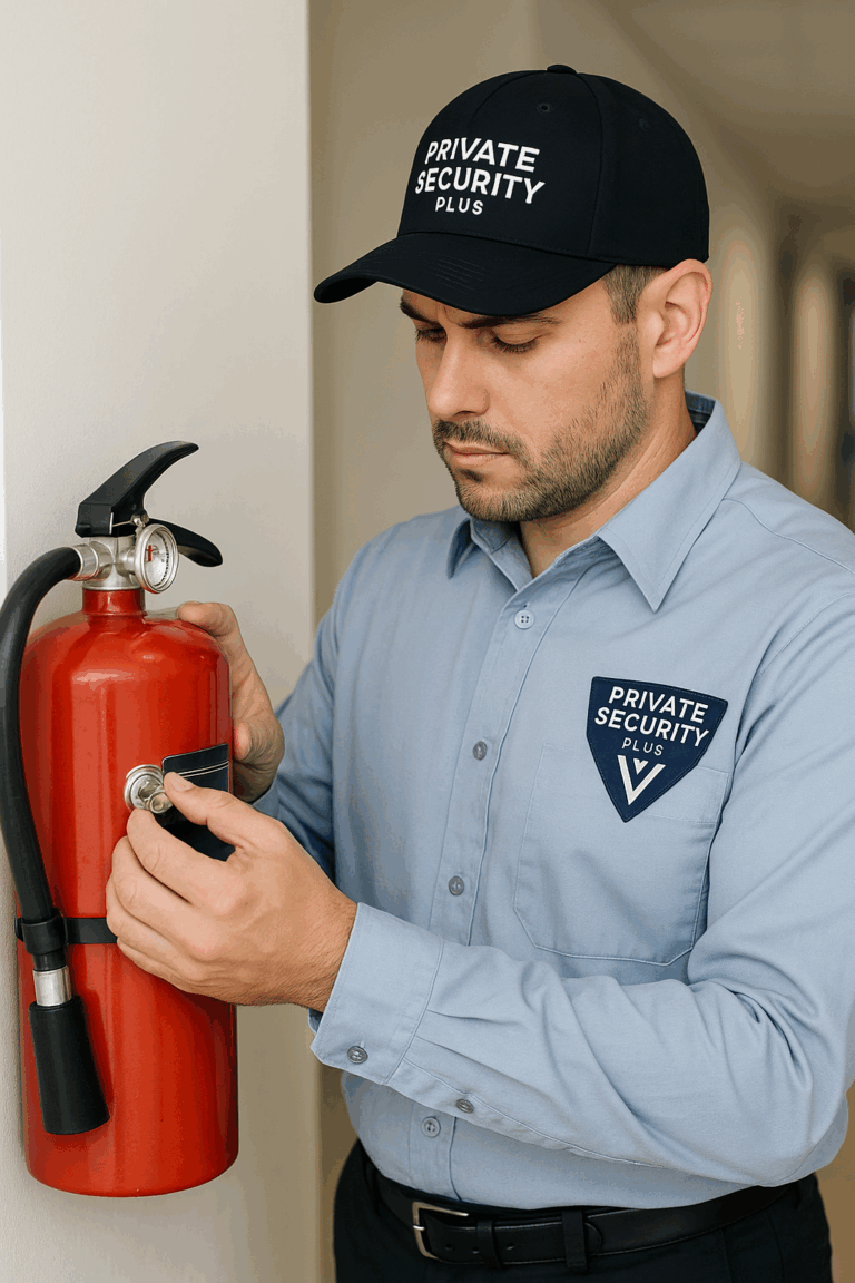 Private Security Plus fire watch guard inspecting a mounted fire extinguisher in a commercial hallway.