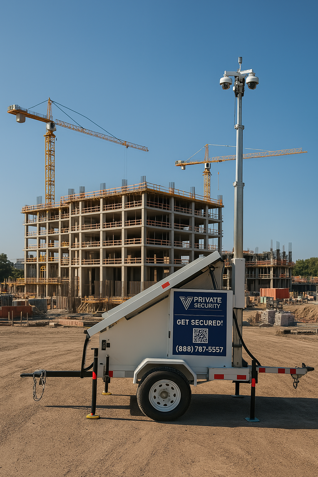 A Private Security Plus mobile surveillance tower deployed at a construction site during daylight, equipped with multiple cameras and branded signage displaying the company name and phone number.
