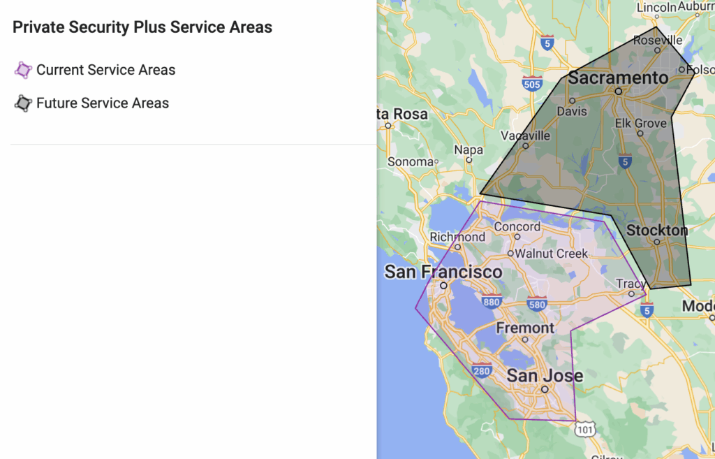 A map of Northern California showing Private Security Plus’s current service areas in the San Francisco Bay Area, including San Jose, Fremont, Oakland, and Richmond, highlighted in purple. Future service areas such as Sacramento and Stockton are shaded in gray.