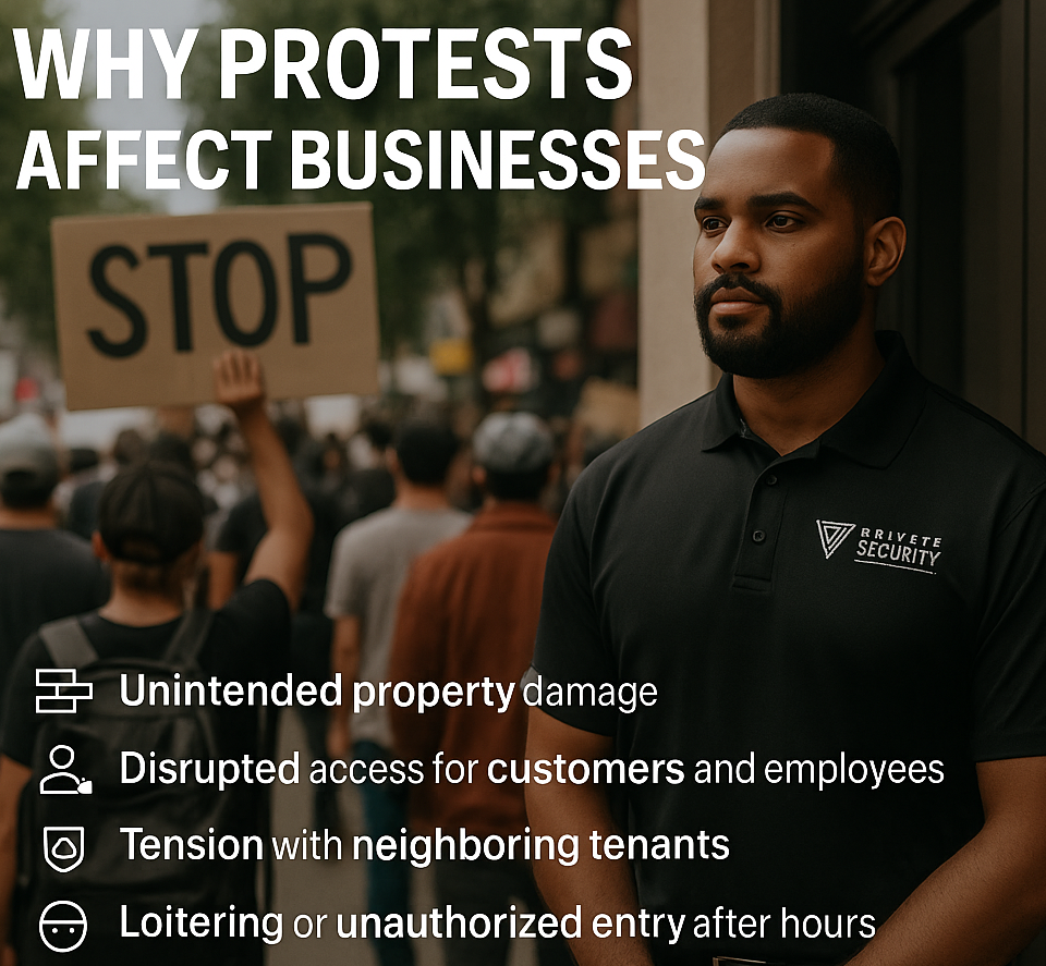 A calm, uniformed security guard stands near a storefront doorway while a peaceful protest unfolds in the background. Demonstrators hold signs in the street as the guard monitors the area, wearing a black polo shirt with the Private Security Plus logo.