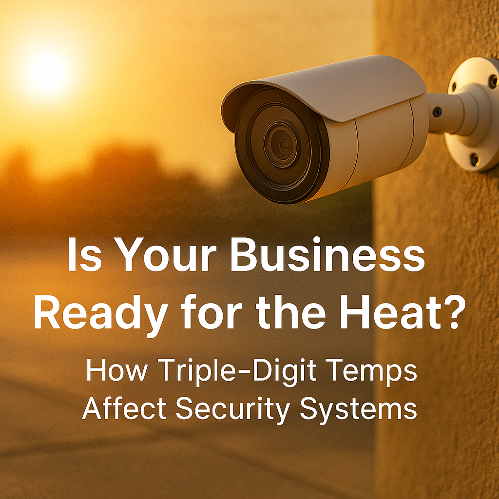 White outdoor security camera mounted on a stucco wall during sunset with heat shimmer in the background. Text overlay reads “Is Your Business Ready for the Heat? How Triple-Digit Temps Affect Security Systems.”