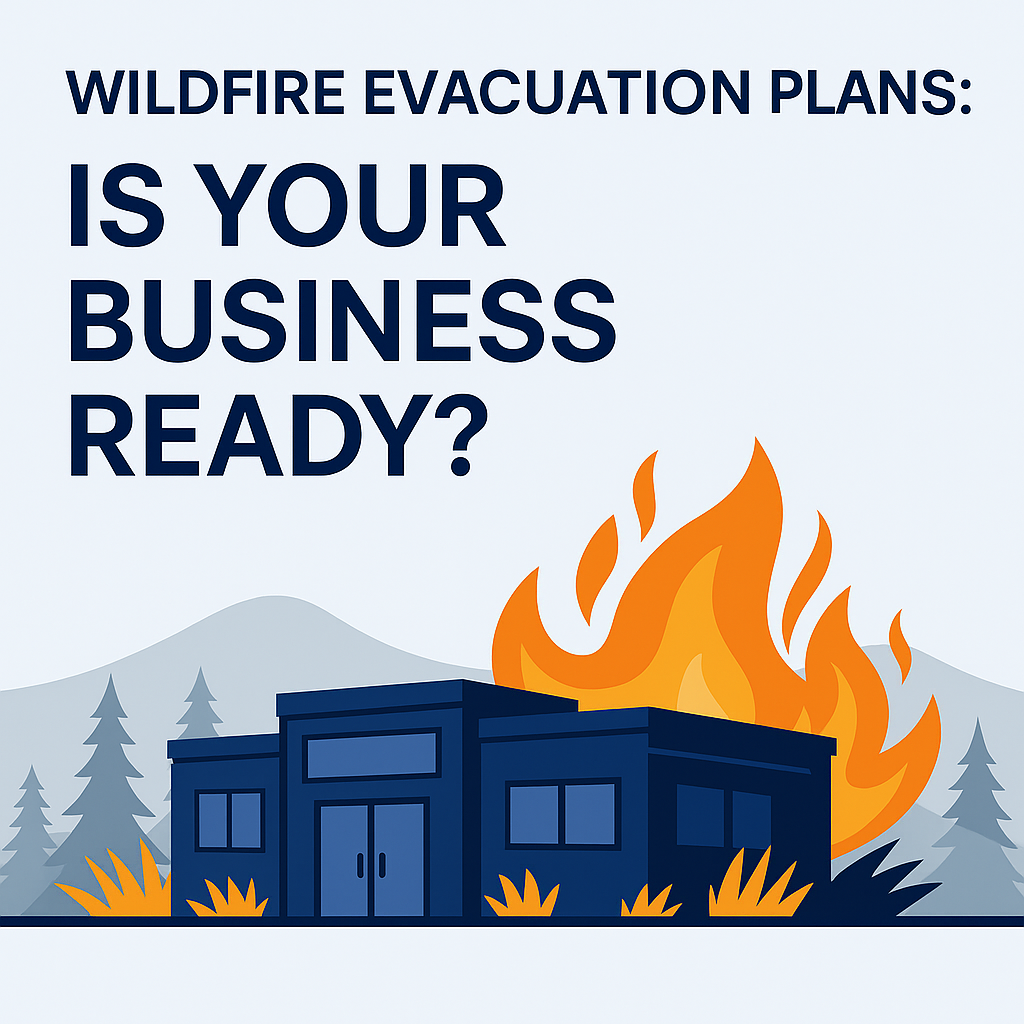 Flat design illustration showing a business emergency evacuation plan with icons like exits, fire, first aid, and alert signs, used to promote wildfire preparedness.