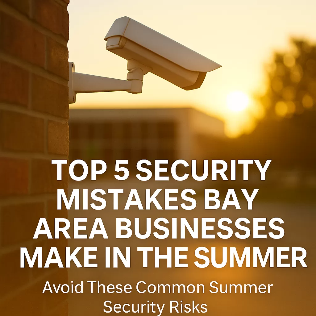 Security camera mounted on a brick wall during a summer sunset with bold text overlay reading “Top 5 Security Mistakes Bay Area Businesses Make in the Summer.”