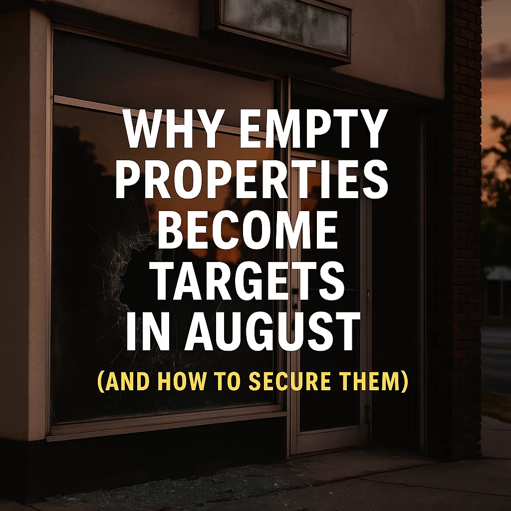 Abandoned storefront with a broken window at twilight, featuring bold white and yellow text that reads “Why Empty Properties Become Targets in August (And How to Secure Them).”