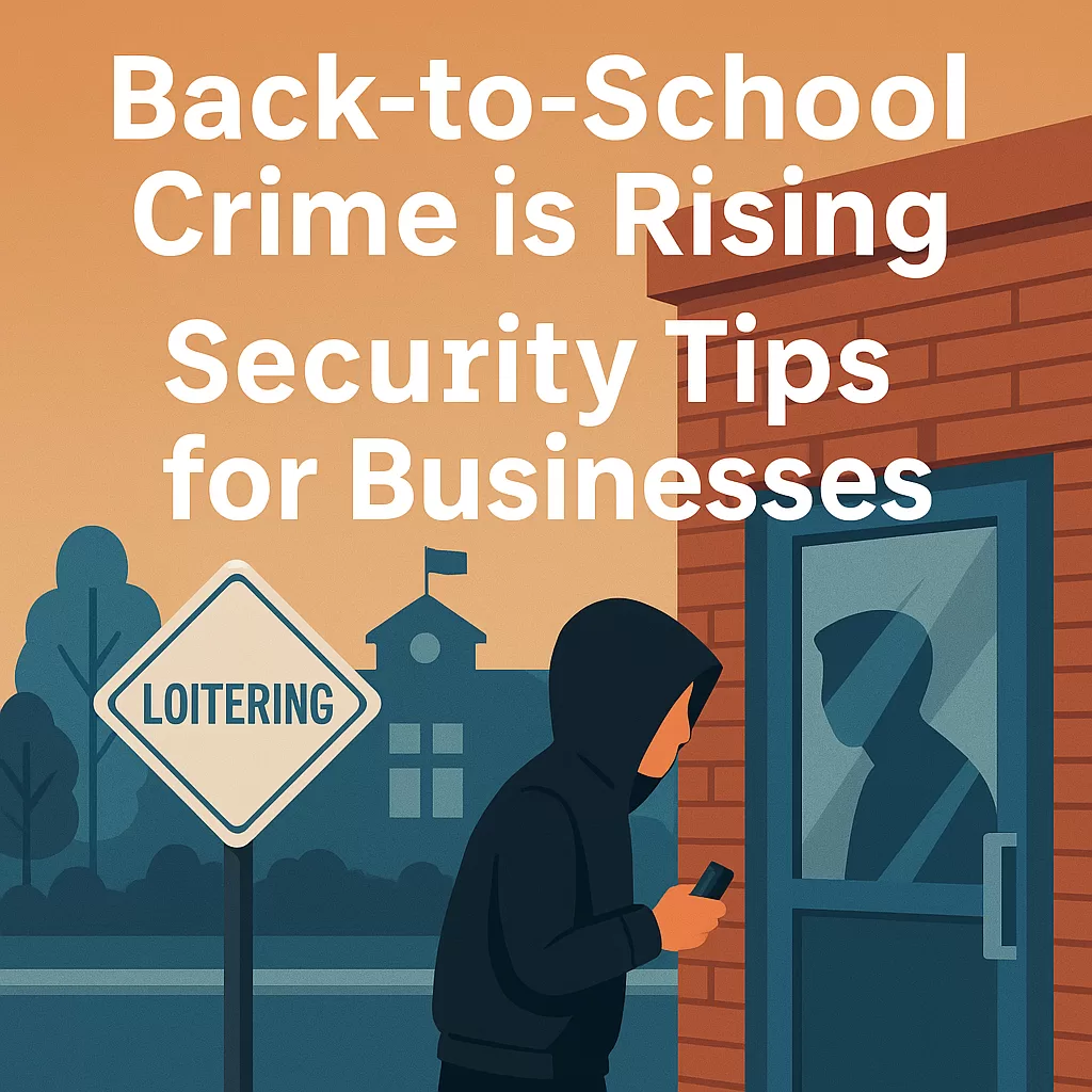 Illustration of a person loitering outside a business near a school with text overlay reading "Back-to-School Crime is Rising – Security Tips for Businesses"