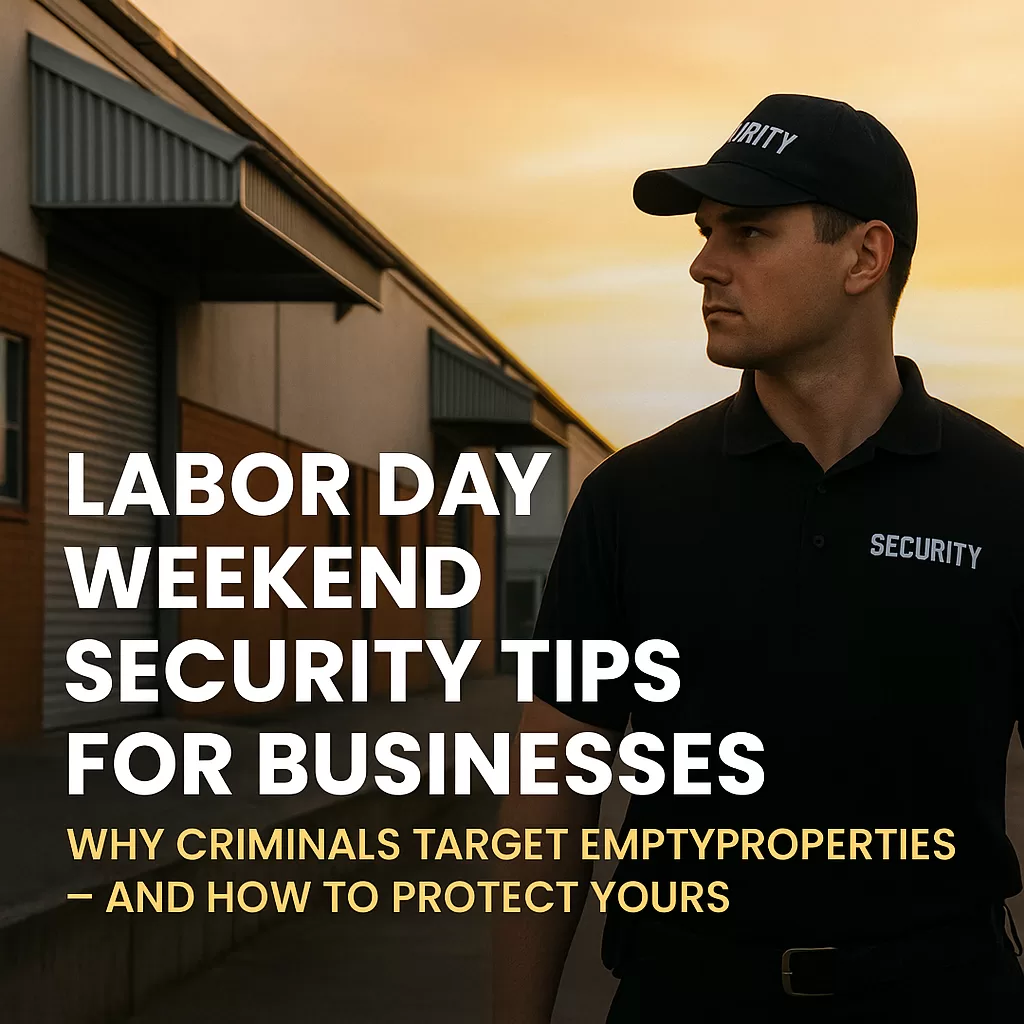 Security guard standing outside industrial buildings at sunset with text overlay: "Labor Day Weekend Security Tips for Businesses"
