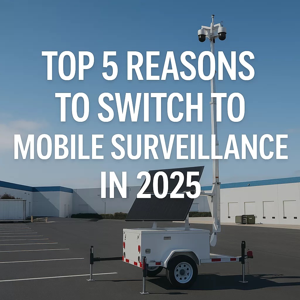 Mobile surveillance tower with solar panels parked on asphalt, designed for property protection and live monitoring