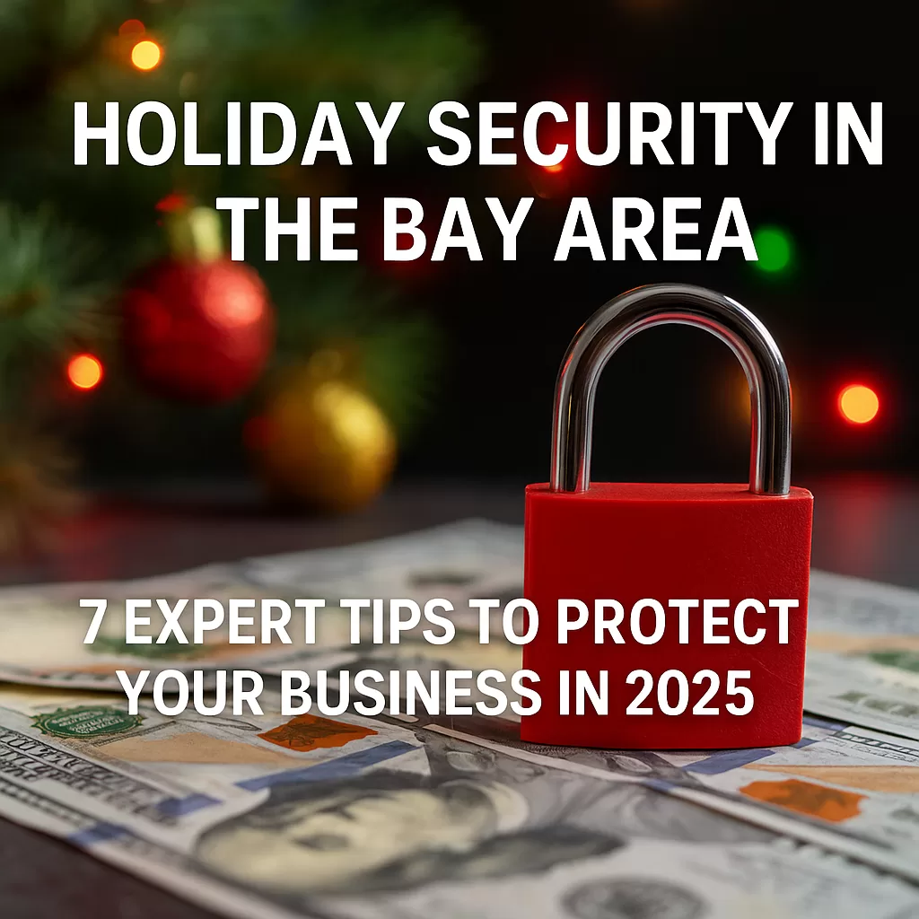 Red padlock on U.S. dollar bills with a decorated Christmas tree in the background, symbolizing holiday security for Bay Area businesses.