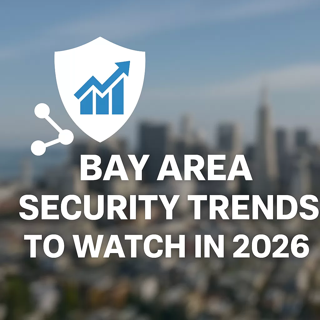 Bay Area skyline at dusk with a white shield and upward arrow graphic representing 2026 security trends and technology growth.