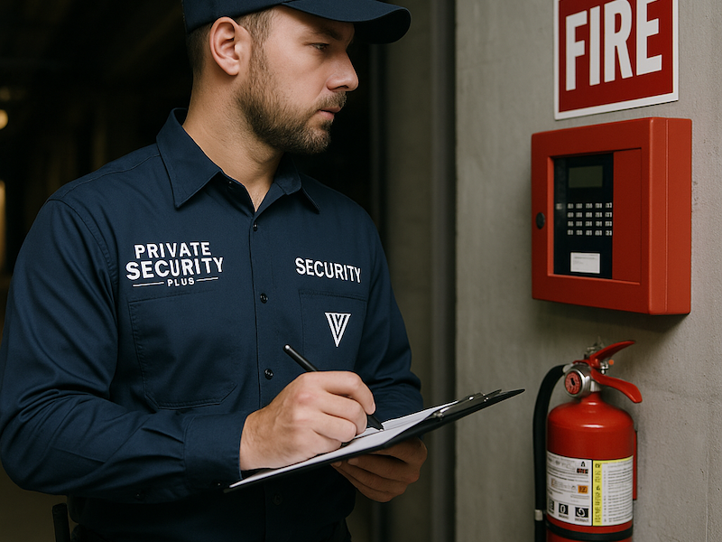 Fire Watch Security Guard at Fire Panel – Private Security Plus Private Security Plus fire watch guard inspecting fire panel and logging activity near a fire extinguisher.